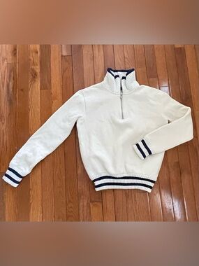 J.Crew Heritage Fleece Quarter Zip XXS Cream Navy Trim Pullover Preppy Classic